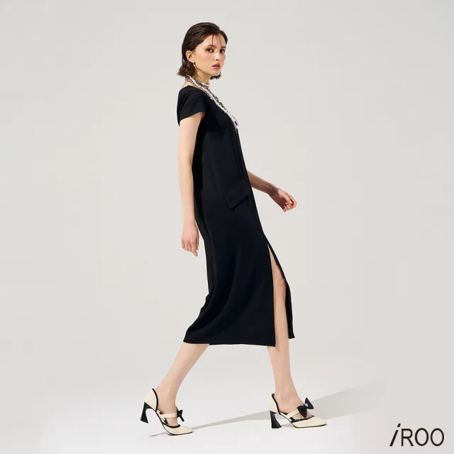 【iROO】黑灰假兩件式長洋裝