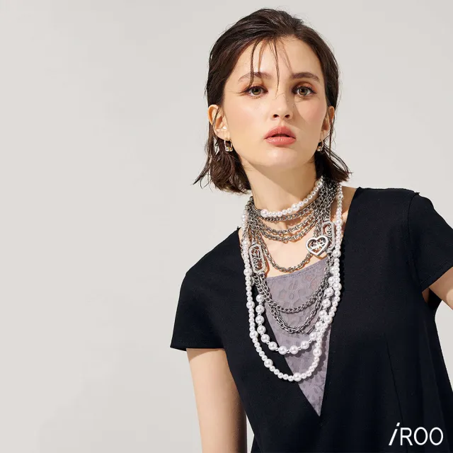 【iROO】黑灰假兩件式長洋裝