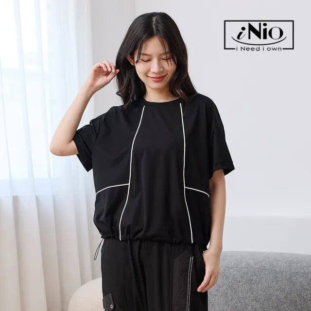 【iNio 衣著美學】撞色縫線滾邊抽繩短袖上衣 女短袖上衣 對稱拼接上衣 抽繩下襬上衣 落肩圓領棉T  CHW1087