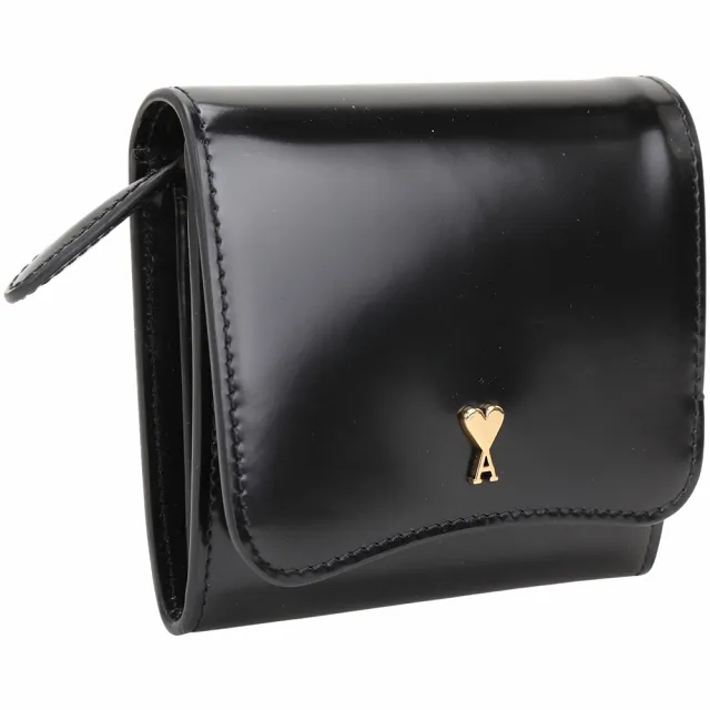 【AMI PARIS】Paris Paris 愛心A光滑牛皮翻蓋釦式短夾(黑色 法國精品)