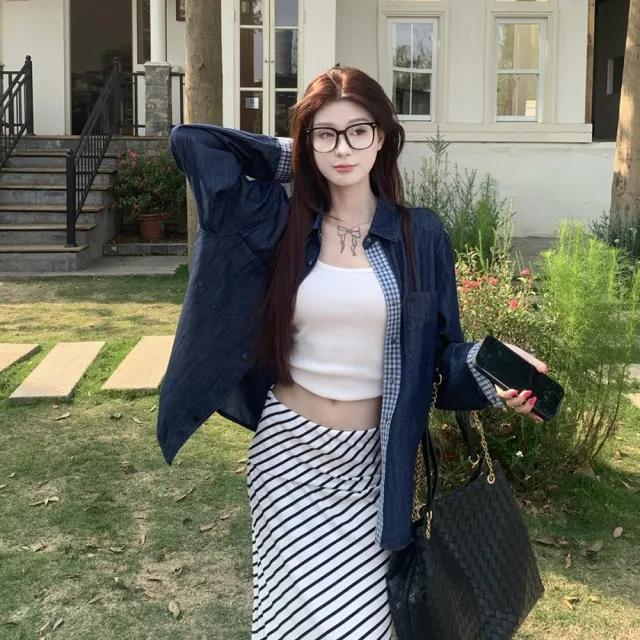 【AS 梨卡】女裝 襯衫 長袖 薄外套 復古牛仔 牛仔格子襯衫 寬鬆外套 撞色襯衫 袖口拼接HZ083