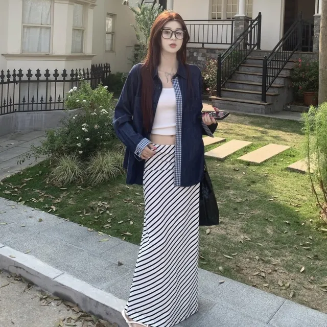 【AS 梨卡】女裝 襯衫 長袖 薄外套 復古牛仔 牛仔格子襯衫 寬鬆外套 撞色襯衫 袖口拼接HZ083