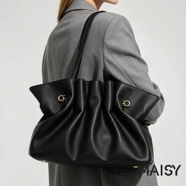【MAISY】時尚簡約質感大容量皺褶斜跨雲朵包 單肩包 托特包(黃棕色 / 酒紅色 / 黑色)