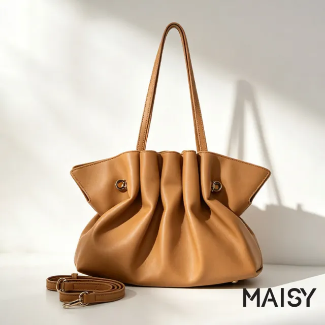 【MAISY】時尚簡約質感大容量皺褶斜跨雲朵包 單肩包 托特包(黃棕色 / 酒紅色 / 黑色)