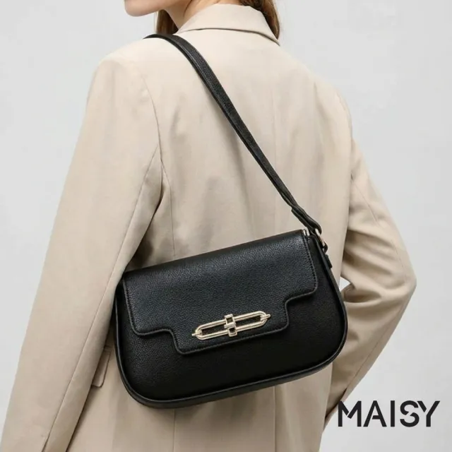 【MAISY】氣質簡約荔枝皮革金屬質感斜跨包 側肩包(米白色 / 黑色)