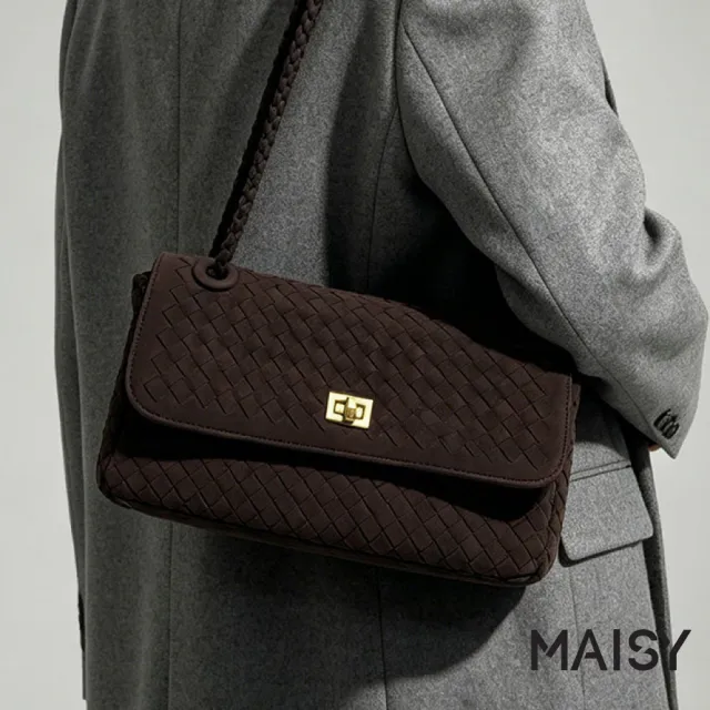 【MAISY】個性質感磨砂編織金扣側肩包 斜跨包 手提包(黃棕色 / 咖色 / 黑色)