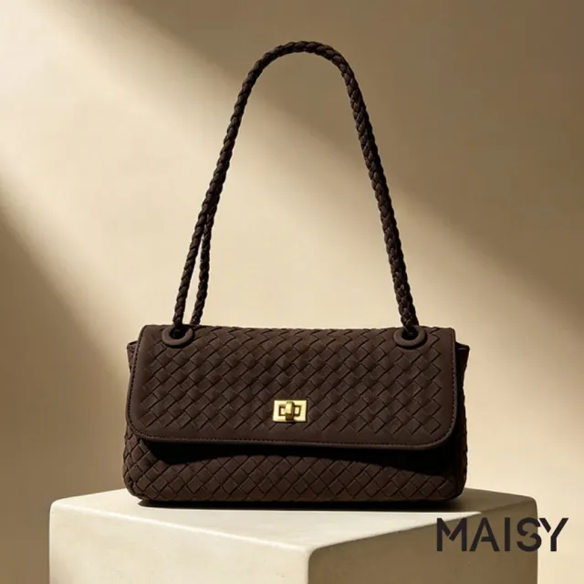 【MAISY】個性質感磨砂編織金扣側肩包 斜跨包 手提包(黃棕色 / 咖色 / 黑色)