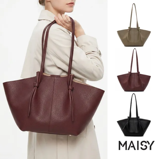 【MAISY】復古啞光皺褶大容量質感托特包 側肩包 手提包(卡其色 / 酒紅色 / 黑色)