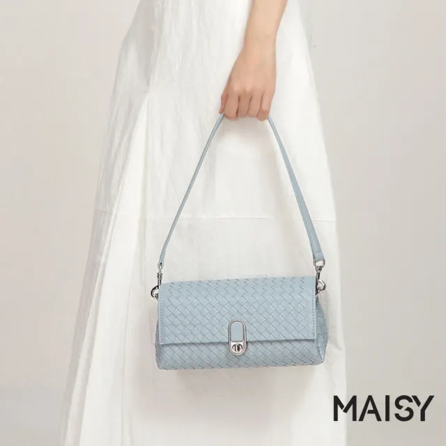 【MAISY】時尚簡約啞光質感銀扣編織小方包 手提包 斜跨包(航線藍 / 洞石綠 / 巧克力 / 黑色)