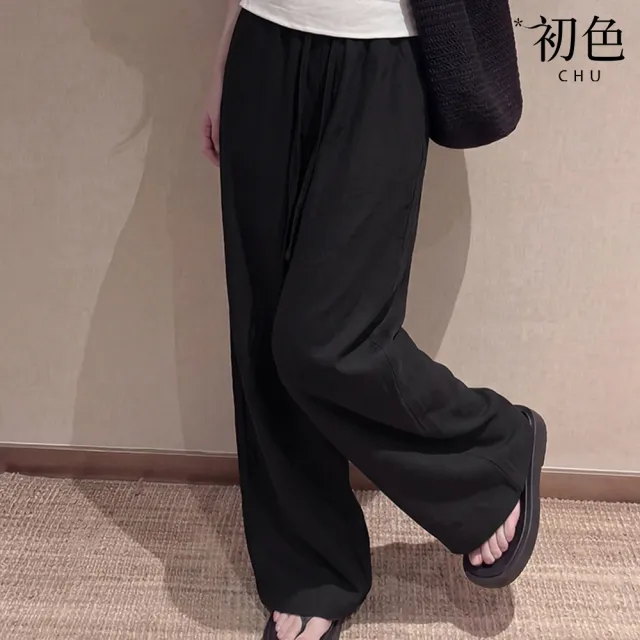 【初色】亞麻風薄款顯高顯瘦純色立體剪裁口袋鬆緊高腰闊腿褲休閒褲寬褲長褲-共2款4色-51125(M-3XL可選)
