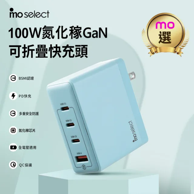 【mo select】100W GaN 氮化鎵 PD 筆電手機充電頭/充電器 3C1A(mo選/iphone18/iphone duo/MacBook適用)