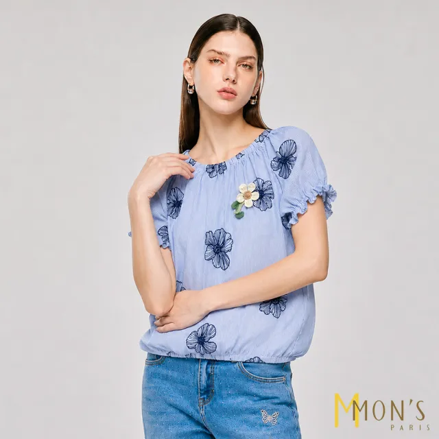 【MON’S】藍白細條花朵上衣(直)