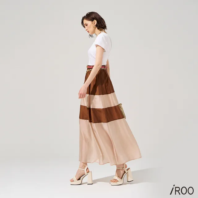 【iROO】焦糖拼奶油色絲棉長裙