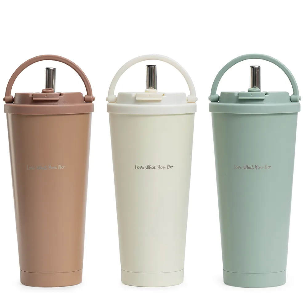 【Hiromimi】手提內瓷不鏽鋼吸管杯750ml(甜心可可)