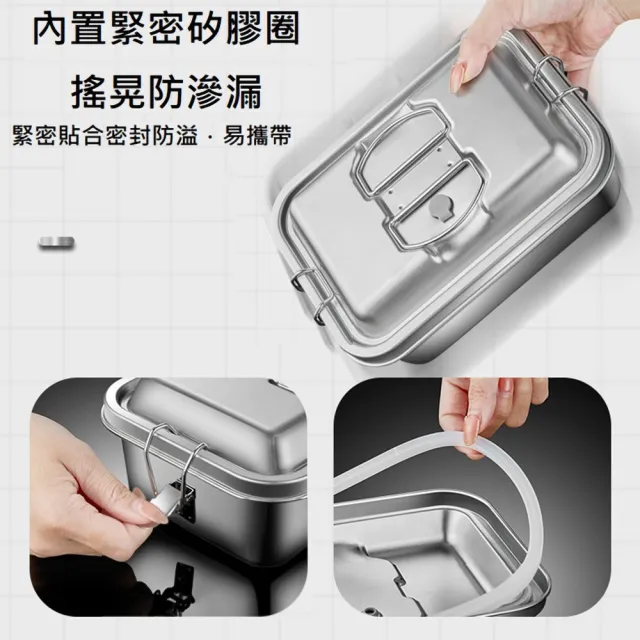 【KOTI 日安生活】便攜式304不鏽鋼雙層3格密封防漏便當盒1800ml(分隔外食環保餐盒卡扣式飯盒烤箱可用)