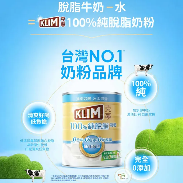 【KLIM 克寧】全新上市 100%純脫脂奶粉 750g/罐(無塑膠蓋環保版本/熱量減量)