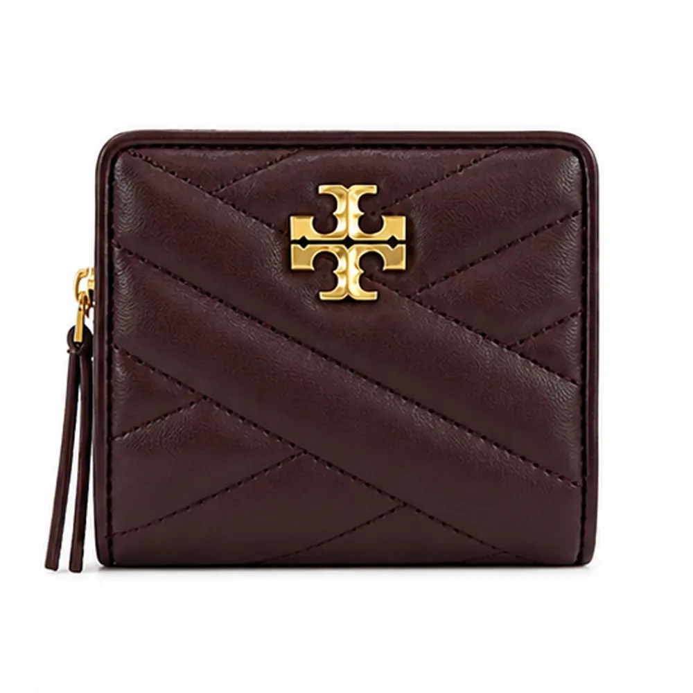 【TORY BURCH】KIRA 金字LOGO羊皮斜紋拉鍊零錢短夾(暗紅)
