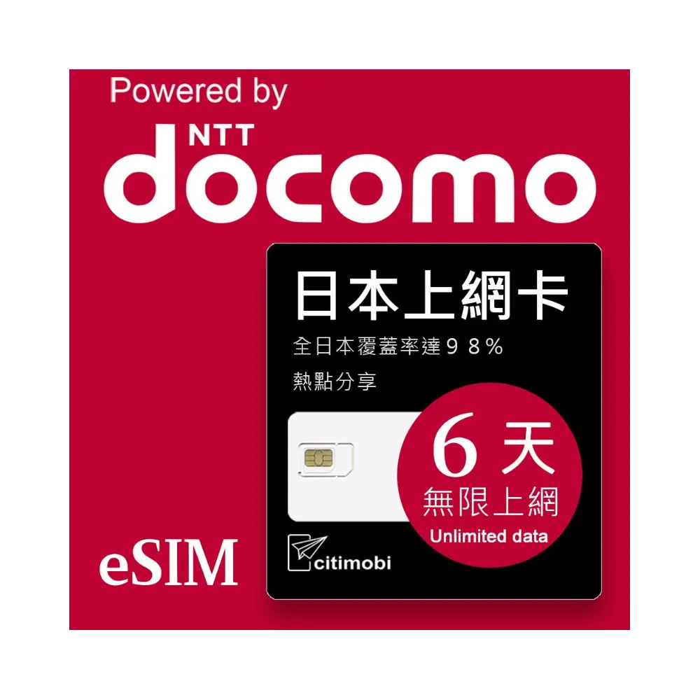 【citimobi】eSIM日本DOCOMO 6天吃到飽不降速(日本網卡 吃到飽 不降速 日本 網卡 沖繩 大阪 北海道 eSIM)