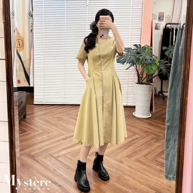 【my stere 我的時尚秘境】雙11 縮腰打褶傘擺連身裙 兩色可選 基本款洋裝 純棉洋裝 工裝連身裙