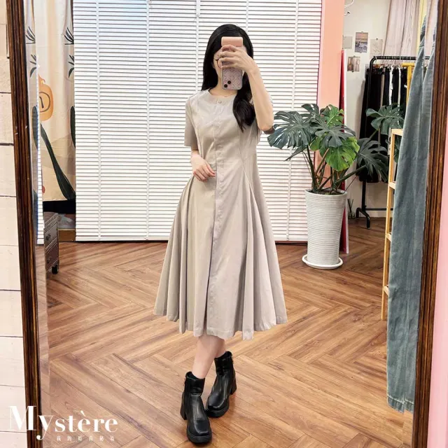 【my stere 我的時尚秘境】縮腰打褶傘擺連身裙 兩色可選 基本款洋裝 純棉洋裝 工裝連身裙