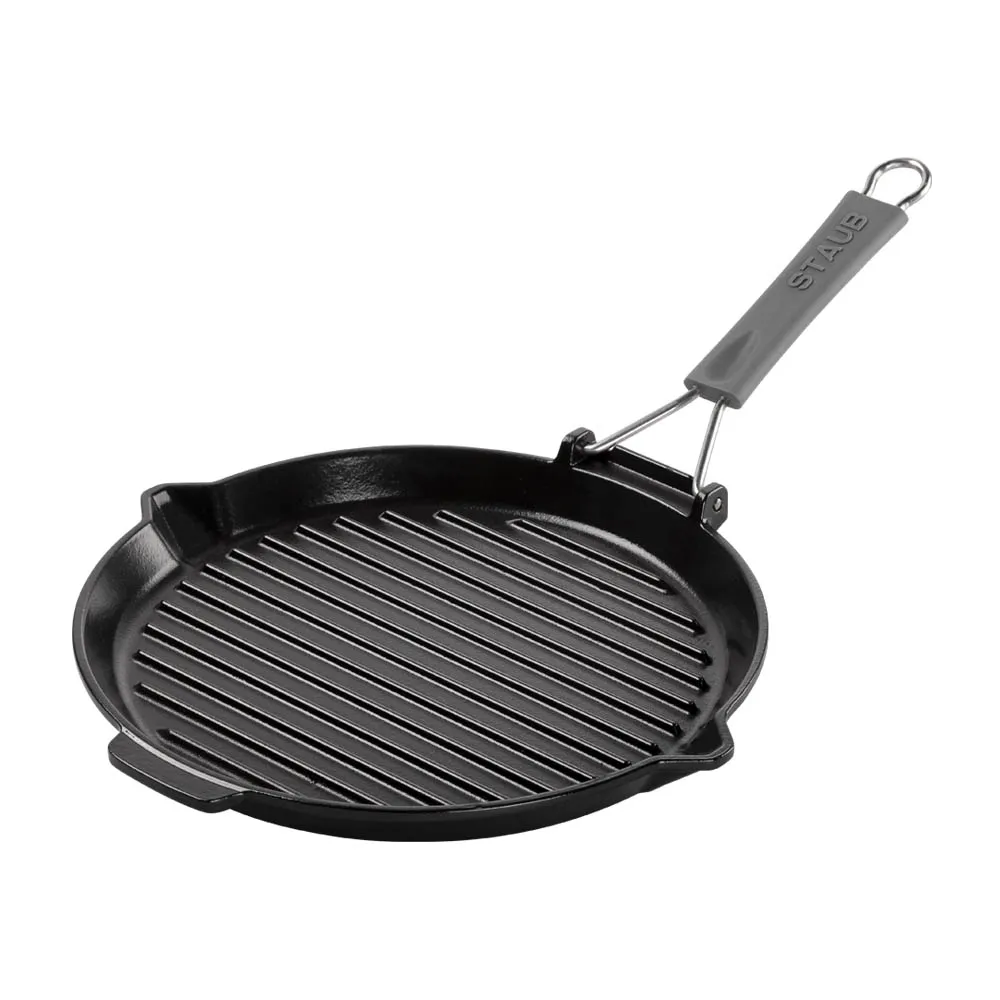 【STAUB】戶外摺疊式手柄圓形琺瑯鑄鐵煎烤盤27cm-黑色(德國雙人牌集團官方直營)
