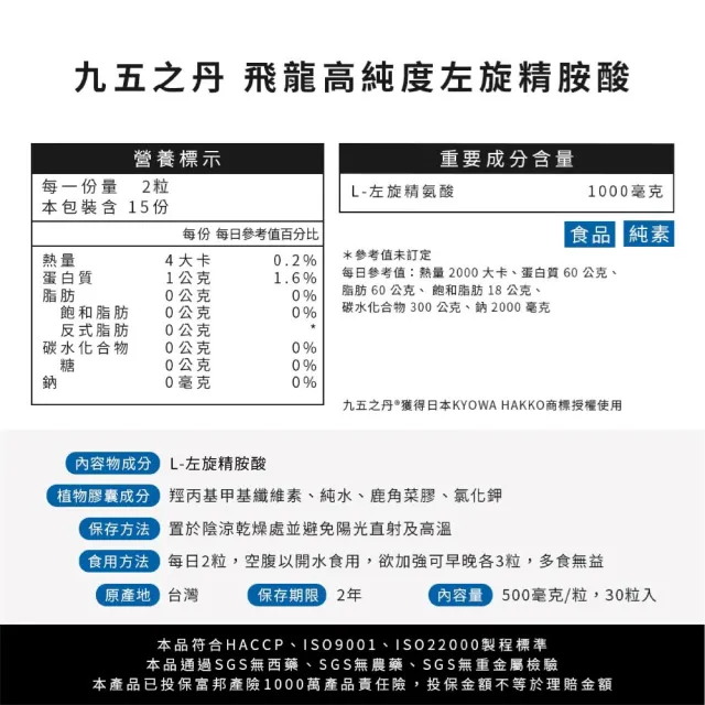 【JIU WU DAN 九五之丹】世界品質連四金高純度左旋精胺酸 2入組共60粒(超高劑量左旋精氨酸)