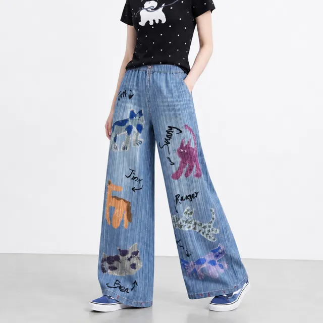 【羽生摺衣】i摺衣-日系 簡約風 刷白.塗鴉 印牛仔 寬褲(共二色)