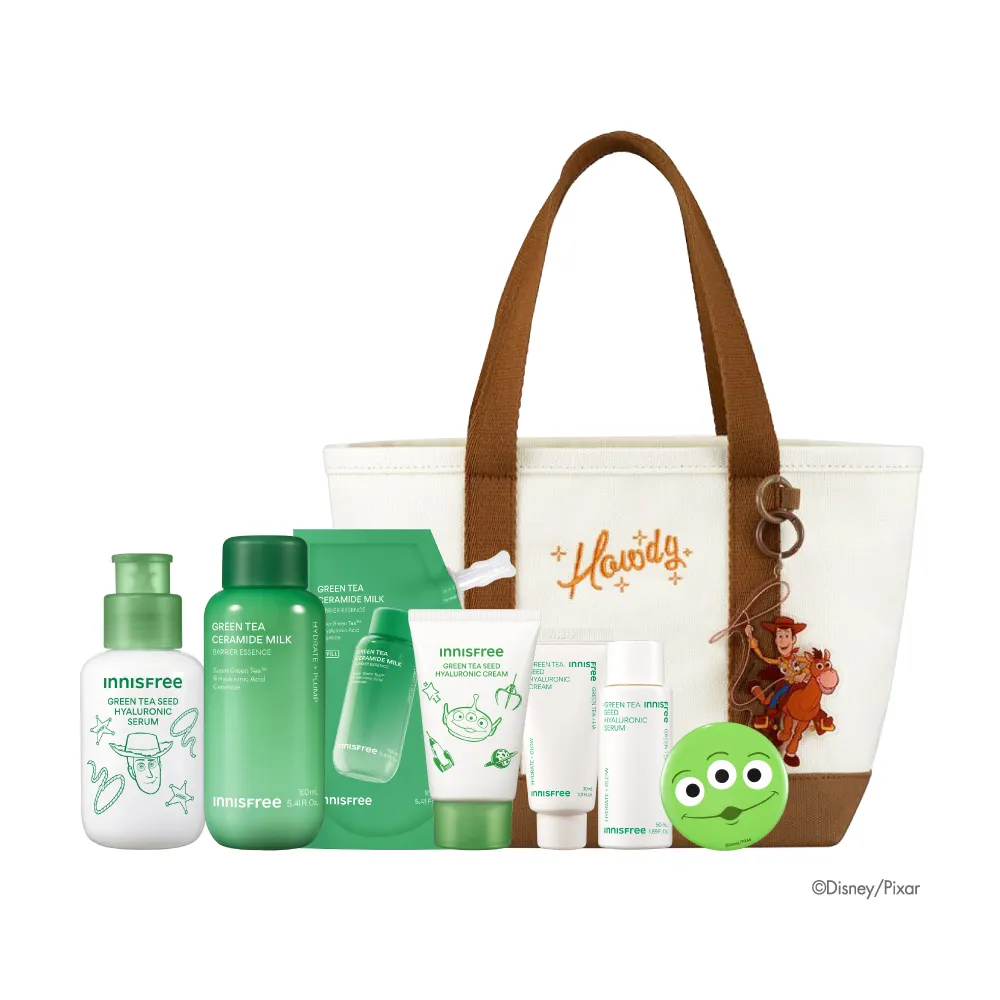 【innisfree】綠茶玻尿酸保濕全能組(玩具總動員限定版/牛奶水+精華+保濕霜)