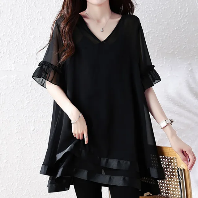 【麗質達人】9724黑色雪紡V領上衣-LY (L-5XL)