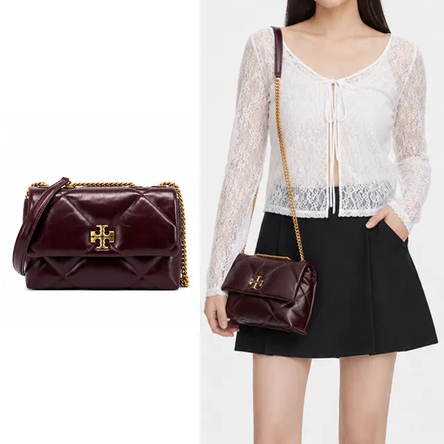 【TORY BURCH】KIRA 菱格紋絎縫翻蓋鏈帶斜背包(小/酒紅)