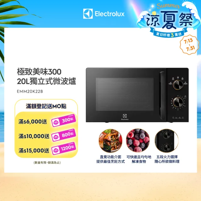 【Electrolux 伊萊克斯】極致美味300 20L 獨立式微波爐(EMM20K22B 黑色)