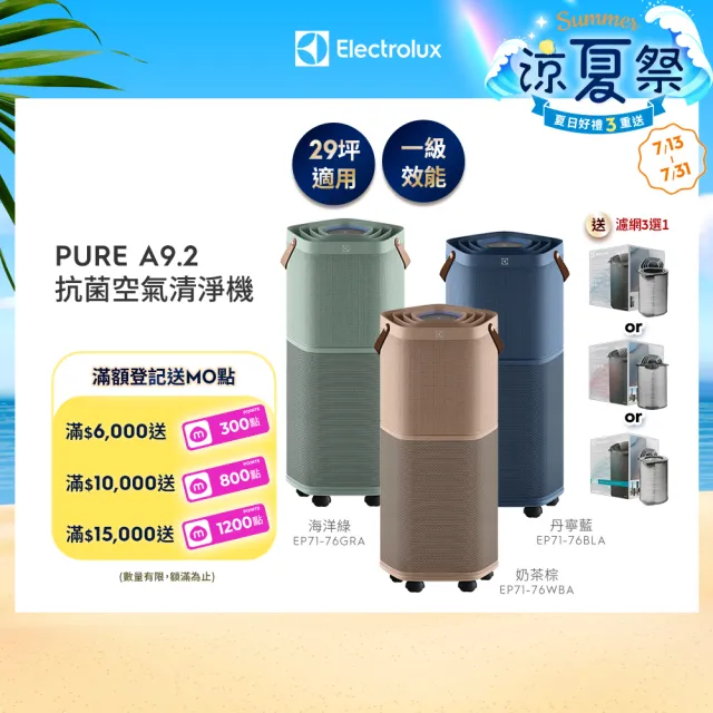 【Electrolux 伊萊克斯】高效能抗菌空氣清淨機 EP71-76 三色(Pure A9.2 三色任選 29坪內適用)