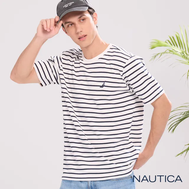 【NAUTICA】官方旗艦 男裝 條紋網眼棉質短袖T恤(藍白色)