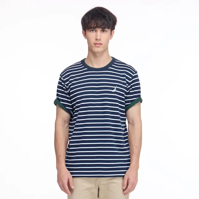 【NAUTICA】官方旗艦 男裝 條紋網眼棉質短袖T恤(深藍白色)