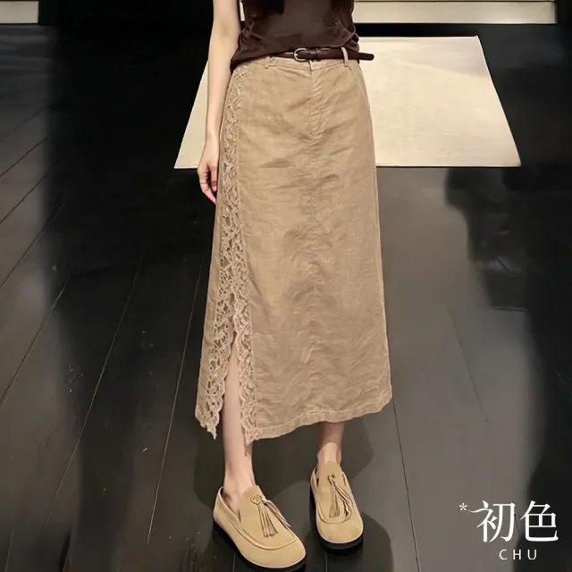 【初色】復古通勤風純色高腰蕾絲拼接側開衩裙襬A字裙中長裙半身裙-共2色-52341(M-XL可選)