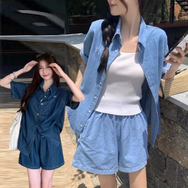 【AS 梨卡】女裝 套裝 外套 短褲 薄長袖 寬褲 夏季套裝 寬鬆外套 顯瘦短褲 百搭套裝 HZ189