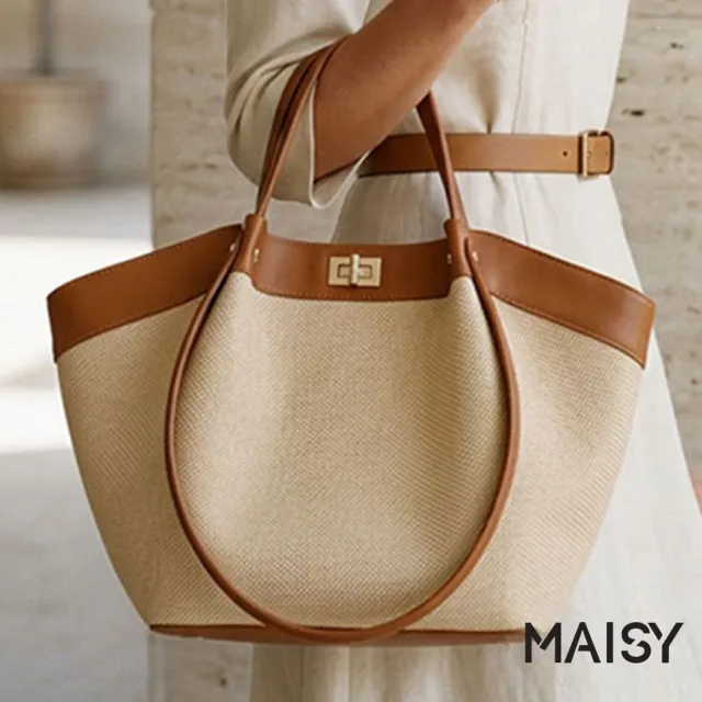 【MAISY】海島風撞色大容量質感金扣托特包 手提包 單肩包(米白色 / 米棕色 / 米黑色)