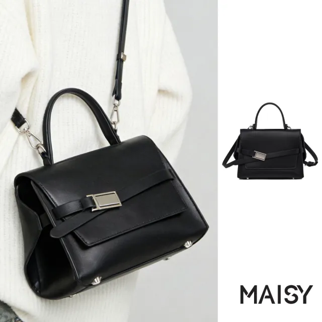 【MAISY】個性時尚亮澤質感防水斜跨包 單肩包 手提包(黑色)