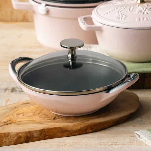 【STAUB】粉紅奶酪迷你煲琺瑯鑄鐵鍋16cm＋圓形琺瑯鑄鐵平煎鍋16cm(德國雙人牌集團官方直營)