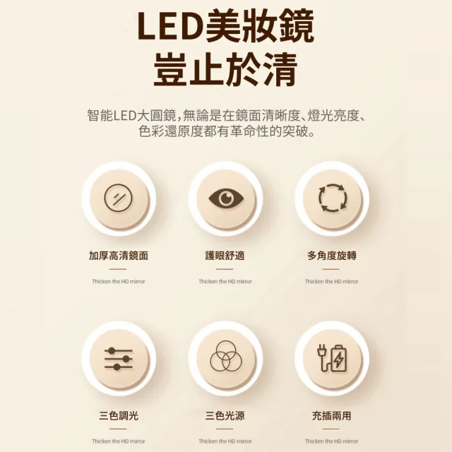 [厝景之隅]LED梳妝鏡 化妝鏡 三色調光大圓鏡 立鏡 美妝鏡(鏡子 智能日光化妝鏡 充電款)