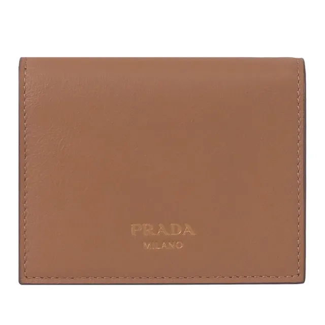 【PRADA 普拉達】經典燙金烙印LOGO牛皮對折3卡零錢短夾(咖)