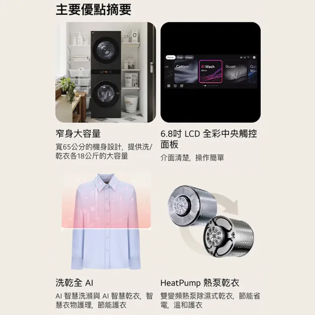 【LG 樂金】家電快配18公斤+18公斤◆ WashTower AI 智控洗乾衣機◆黑色(WD-S1818PB)