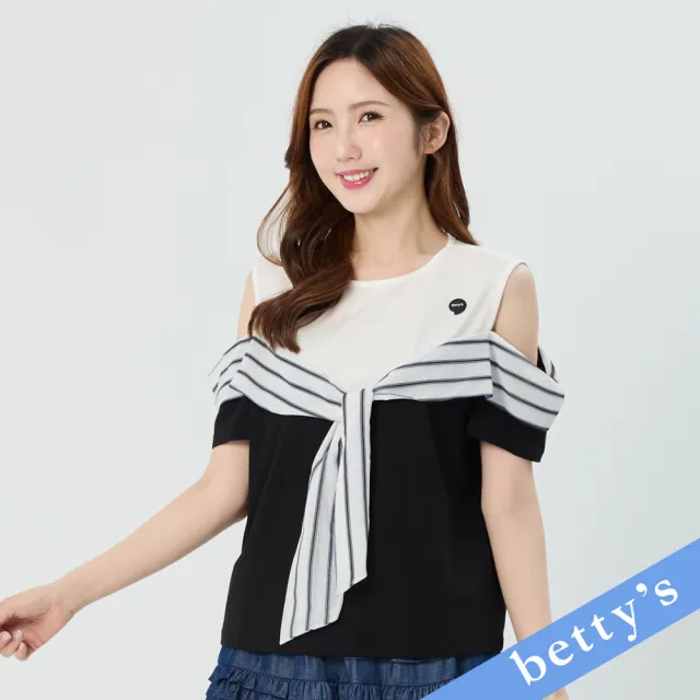 【betty’s 貝蒂思】撞色拼接條紋雪紡綁帶T-shirt(黑色)