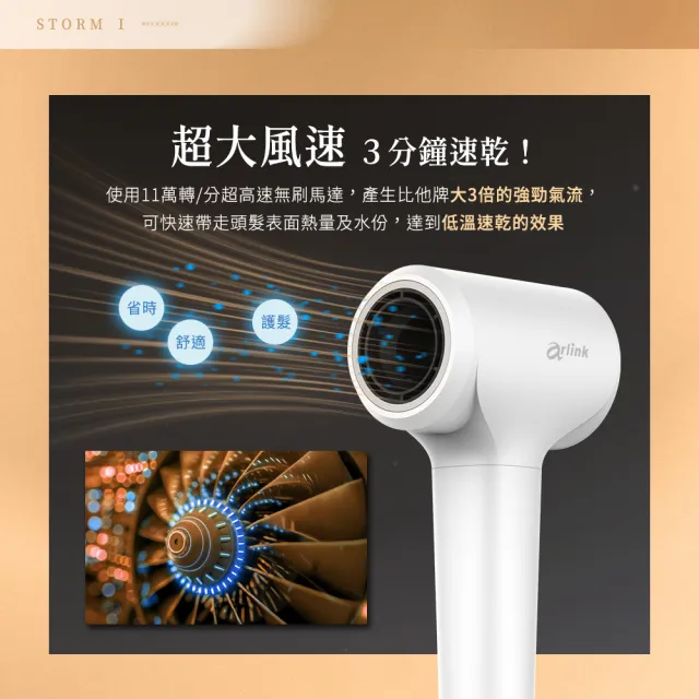 【Arlink】STORMⅠ 11萬轉吹風機 2億負離子 摺疊吹風機(高速吹風機/防毛躁/捲髮器/贈集風嘴+收納袋)