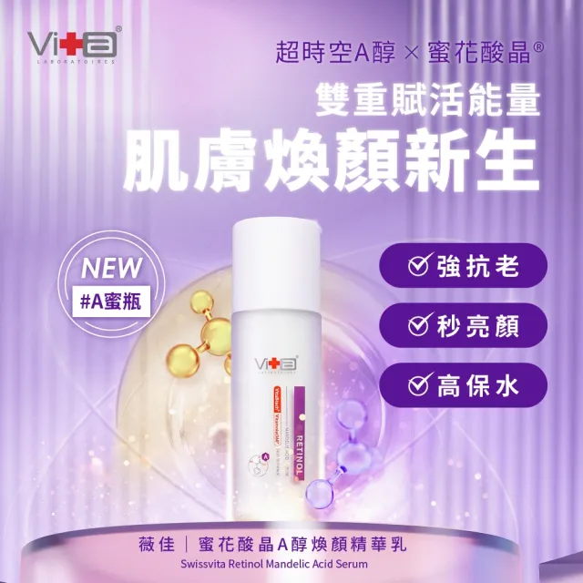 【Swissvita 薇佳】超級維他命C水凝乳50ml.蜜花酸晶A醇煥顏精華乳30ml(早C晚A組合)