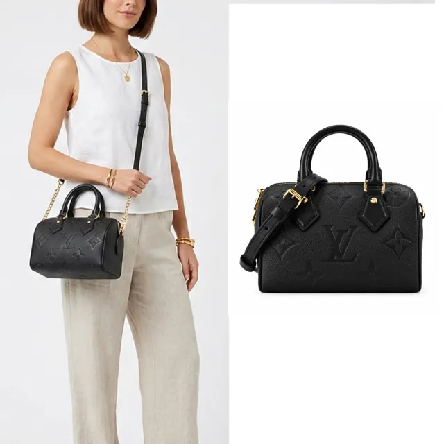 【Louis Vuitton 路易威登】M58953經典Speedy Bandouliere 20牛皮壓紋手提/斜背波士頓包(黑色)