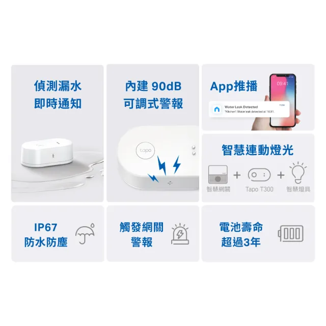 (智能網關組)【TP-Link】Tapo T300 IP67 智慧滴漏水感應器 智能警報器 傳感器(90dB可調式警報/智慧連動/Tap