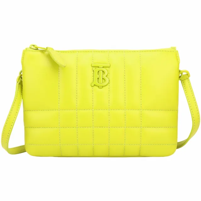 【BURBERRY 巴寶莉】Lola TB字母絎縫羔羊皮雙層斜背包(黃綠色)