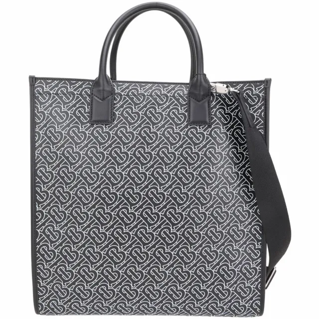 【BURBERRY 巴寶莉】Monogram 滿版TB字母小牛皮手提 肩背托特包(黑色)