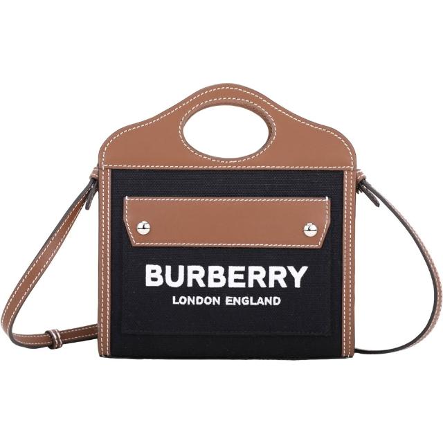 【BURBERRY 巴寶莉】Pocket 字母帆布拼接小牛皮口袋迷你手提 斜背托特包(黑咖色)